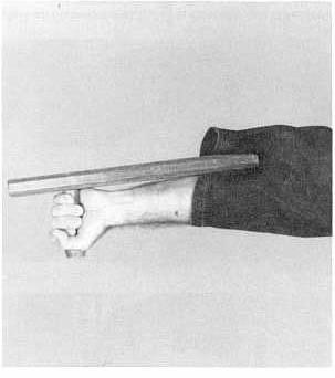 Holding the Tonfa Position I (basic position): Hold the tonfa by its handle, below the forearm.