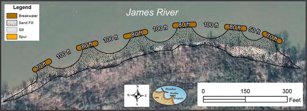 The cross section for a typical breakwaterl for this site is shown in Appendix 3, Figure 3. Figure 5 6. Eroding shoreline at Area of Interest 2 on the James River.