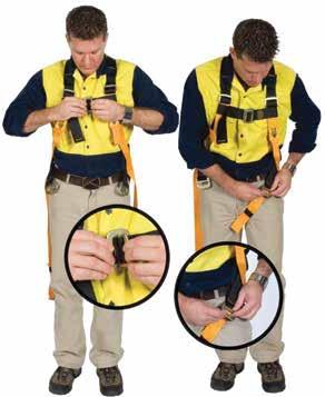 Whilst holding the harness by the dorsal D, carry out a pre-use inspection of the components, webbing, stitching and buckles. Check labelling, identify the withdrawal from service date has not passed.