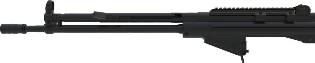 The front sight is a fixed blade in a protected ring, and the rear sight is a protected drum, adjustable for windage and elevation.