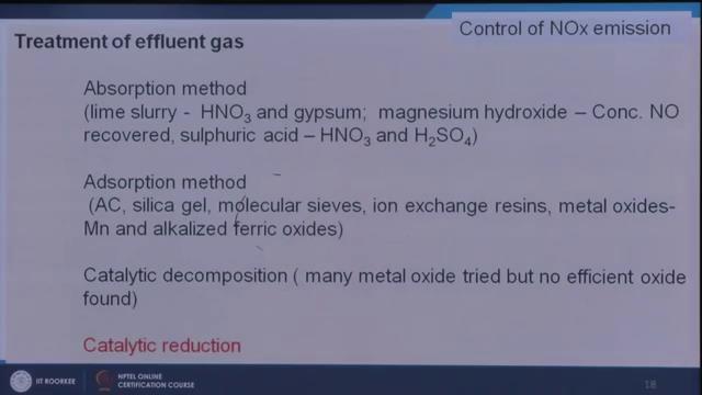 (Refer Slide Time: 29:19) So, again here the absorption and adsorption base methods are important methods apart from this for the NOx removal people have tried to just catalytically decompose NOx