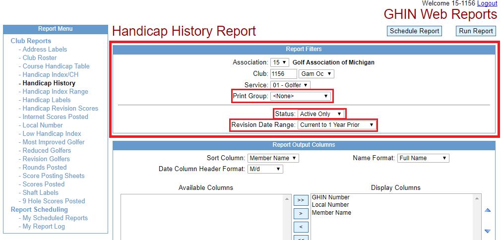 The first section is Report Filters. Your association number, club number, and club name will automatically appear.