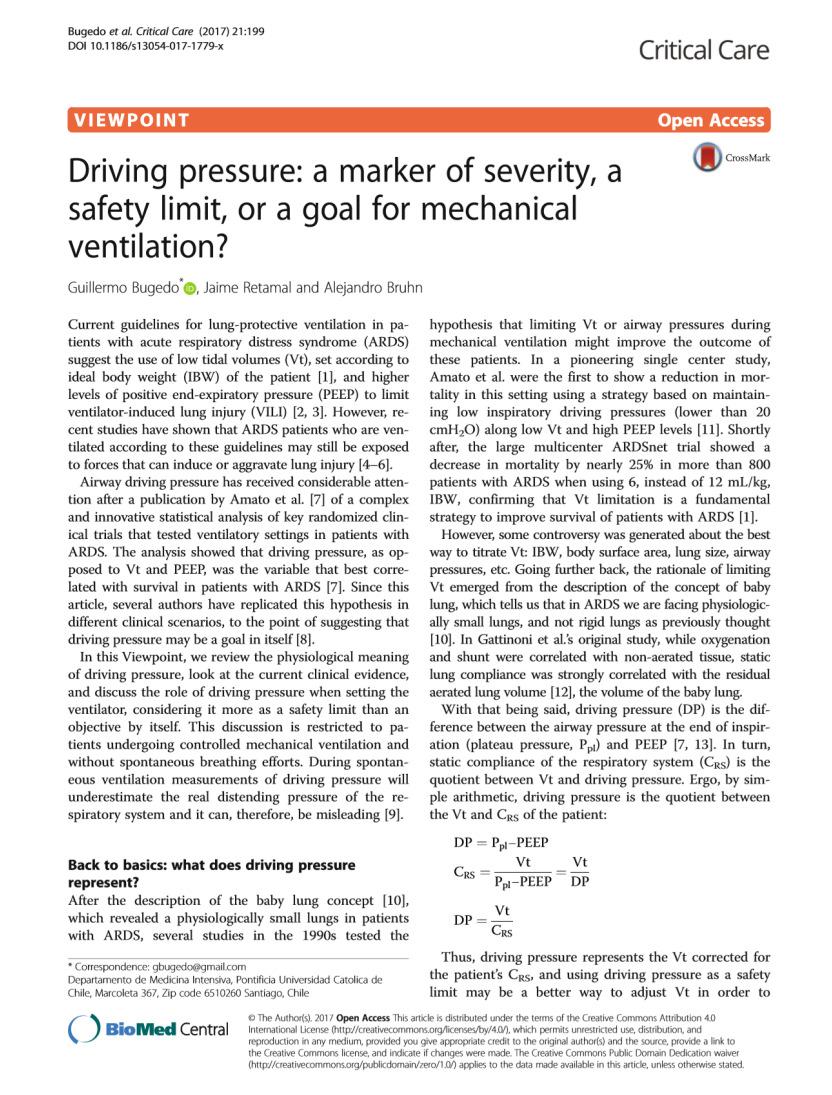 Driving pressure: a marker of severity, a safety limit, or a goal for mechanical ventilation?