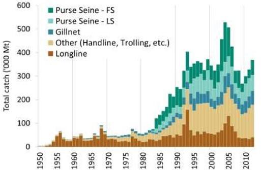 10 Figure 3: Skipjack tuna annual catches, 1950-2012, in the Indian Ocean (IOTC 2013c) Total annual catches of yellowfin tuna have increased significantly since the 1980s due to the expansion of the