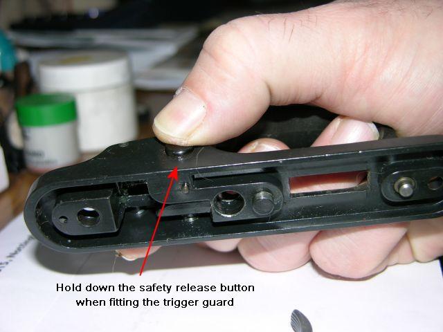 If your trigger guards feels like it won t go back on you may need to pull the trigger blade about 1 or 2mm just enough so that it clears itself away from the gap in the trigger guard housing.