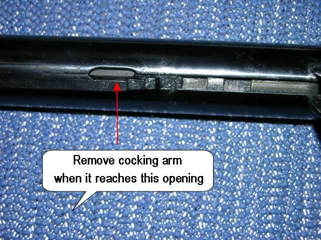 Next you need to remove the large pin at the rear of the action, but before you can do this you MUST first remove the small locking grub screw on the back part of the ram next to