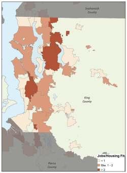 Jobs-Housing Fit: King County (2014) 24 City JHF Ratio Jobs Housing Units Population Tukwila 5.85 45,439 7,761 19,210 Redmond 3.31 84,547 25,549 57,700 SeaTac 2.72 28,595 10,504 27,620 Woodinville 2.