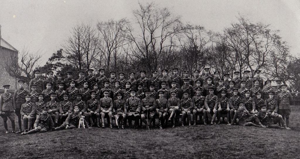Above: A Squadron 2/1 st Cheshire Yeomanry at Plessey Farm 1915. Bob Tilston is very recognisable, being in the middle row, eleven from the left, Charlie Williamson just behind him.