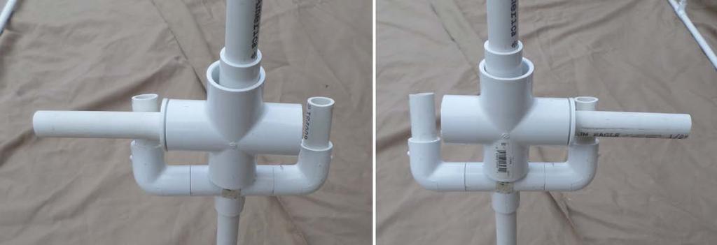 side opening of the 1-inch PVC cross. Insert the 12 cm length of ½-inch pipe into the reducer bushing. The 1-inch PVC cross should rotate 180 o around the ½-inch couplings. The 5.