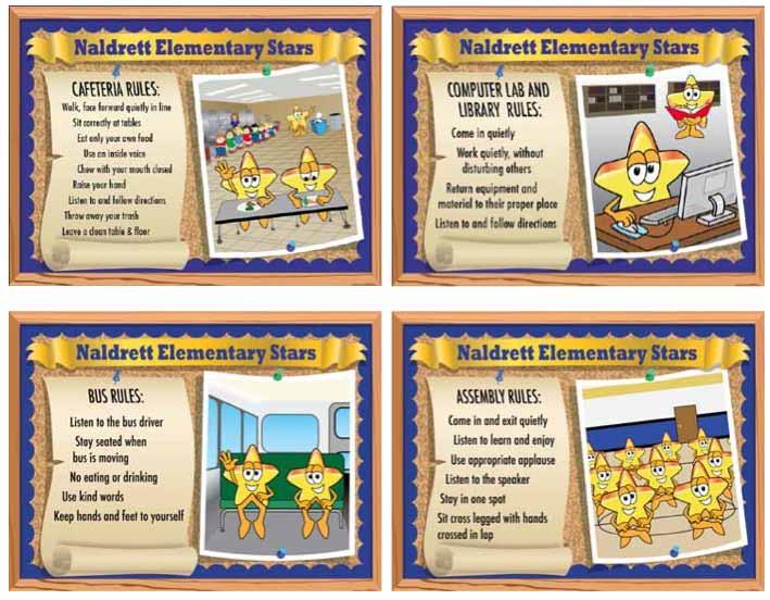 Rules Posters We customize these posters with, school name, colors and your PBIS rules.