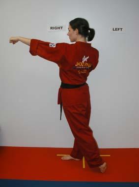 Keep left elbow next to ribcage - Right foot pivots for back punch. 7.