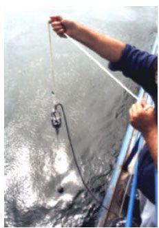 Figure 5: A Sonar Transducer is lowered over the side of the Surface Vessel The most common method of mounting the surface station sonar transducers is shown in figure 5.