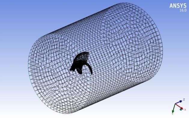 generate an amorphous mesh around the blade in the computational domain. As shown in the figure, a 3D AAWT blade is placed inside of an imaginary wind tunnel with inlet and outlet conditions.