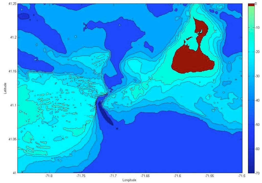 Ocean Special Area Management Plan Figure 0.3 : Bathymetry (m) near and around Block Island used in STWAVE, and extent of third computational domain. 4.