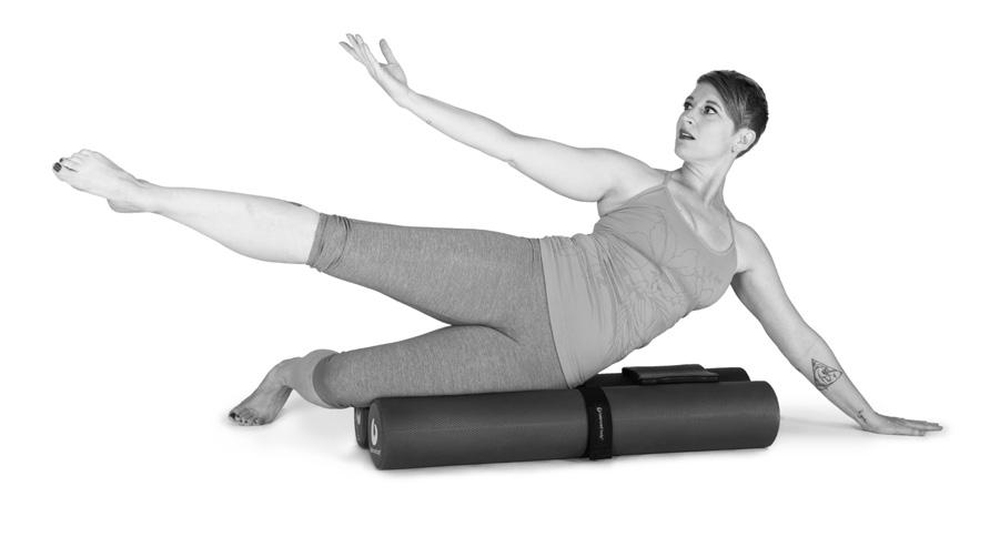 B. SIDE MERMAID Lie on left side with ribs, hips and thigh nestled between rollers. Left hand is extended out with palm flat on floor. Right arm is lengthened along right sideline.