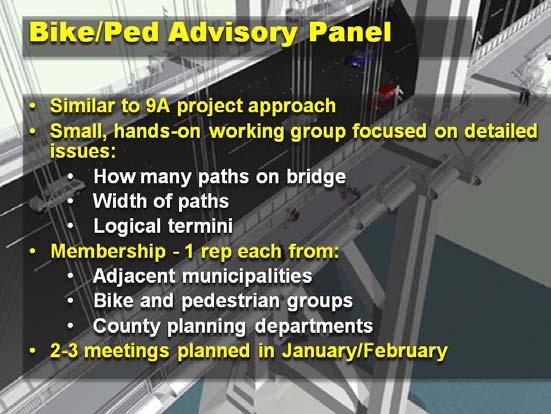The bike/ped advisory panel will consist of stakeholders such as representatives from municipalities adjacent to the river, bike and ped