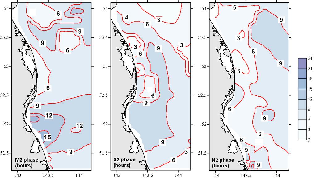 Co-tidal charts of semidiurnal tidal waves M2, S2 and N2. (distribution of isophases in hours.