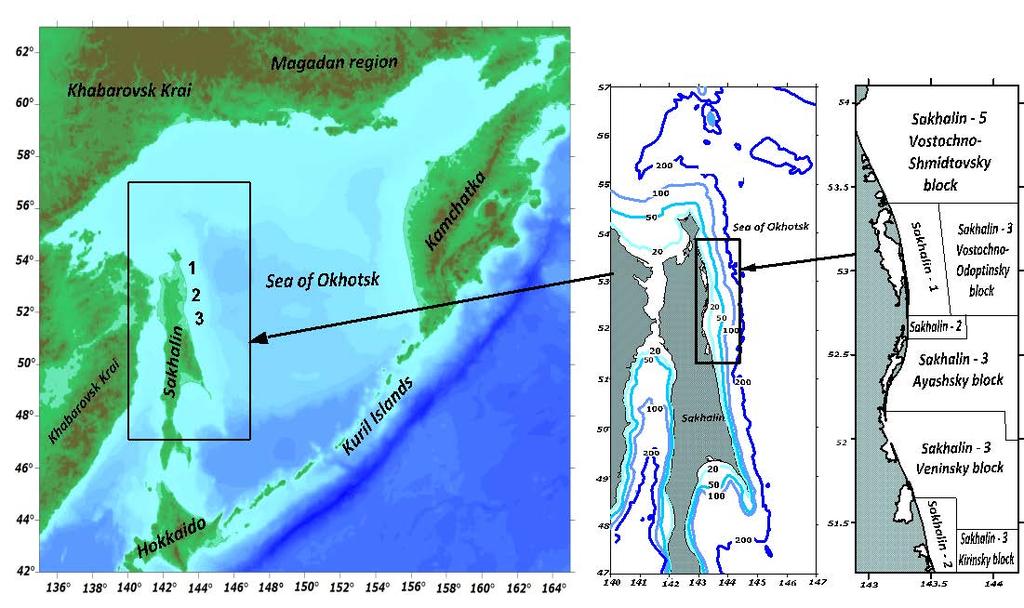 Introduction: area of research The area of research includes three parts: 1 the northern part from Cape Levenshtern to the Odoptu Bay with the shelf width up to 35 km. (up to the 100 m isobate.