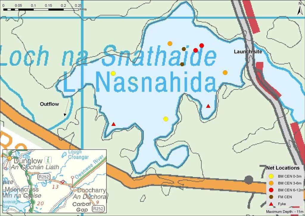 Fig. 1.1. Location map of Lough Nasnahida showing locations and depths of each net (outflow is indicated on map) 1.2 