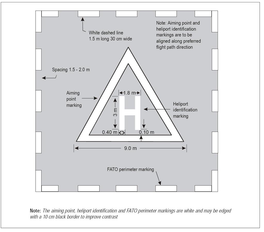 Figure 5-1. Combined heliport identification, aiming point and FATO perimeter marking D5.2.3.2 Recommendation. A maximum allowable mass marking should be displayed at a surface level heliport.