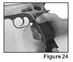 hand. Pull the slide rearward and eject the cartridge in the chamber. See Figure 25.