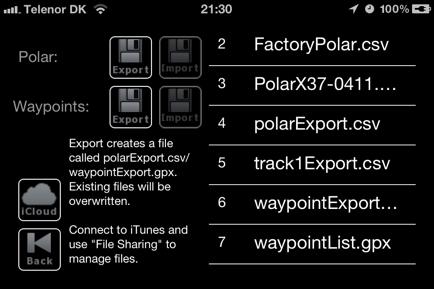 Import/Export Polars You can export your current polars or import stored polars. If you choose to export your polars, they will be stored in a file called polarexport.csv.