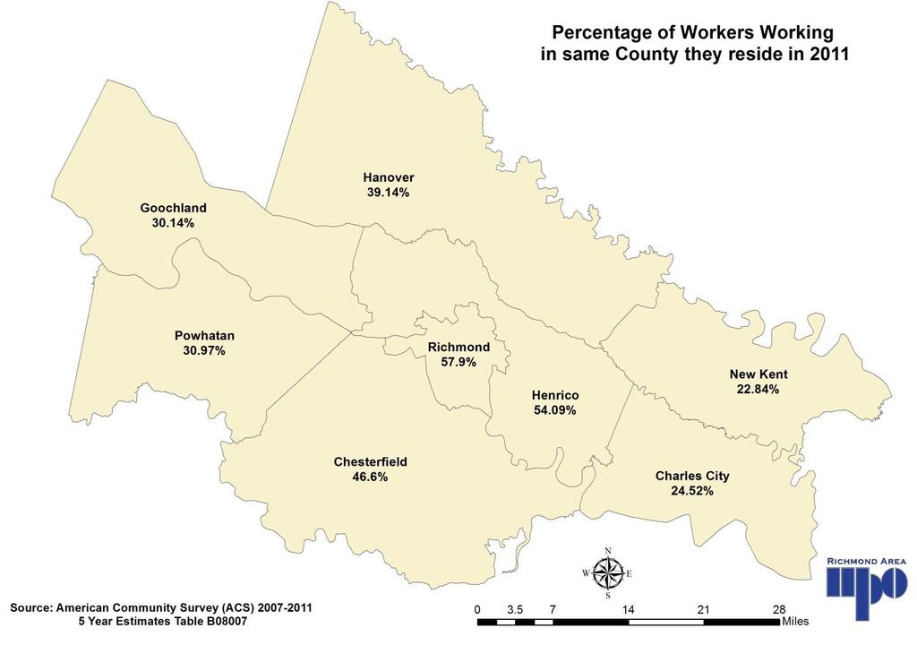 As shown in Map 1, in 2011 more than half of the workers in City of Richmond and Henrico County work in their respective counties.