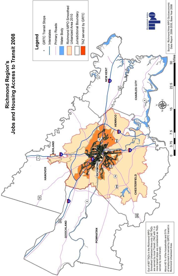 Jobs and Housing Access to Transit Percentage of Regional Households and Employment in TAZs Served by Local Transit Richmond MPO Smooth Urbanized Area 2010 TAZ Served by Local Transit* Percentage of