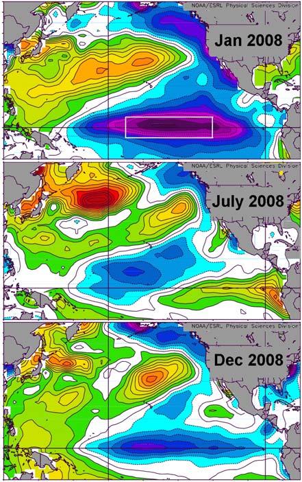 Figure 2 (left). Ocean surface temperature anomalies ( C) in tropical and North Pacific in January, July and December 2008. Reference years are 1968 to 1998.