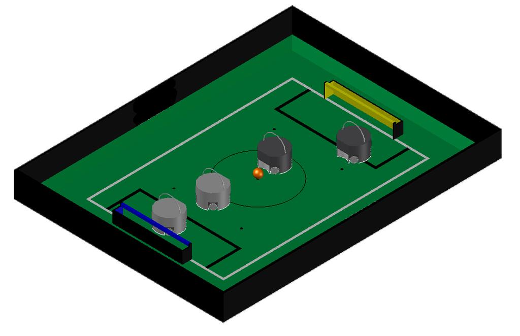 Figure 1: Two teams of two robots with an orange ball on a RoboCupJunior Soccer field.