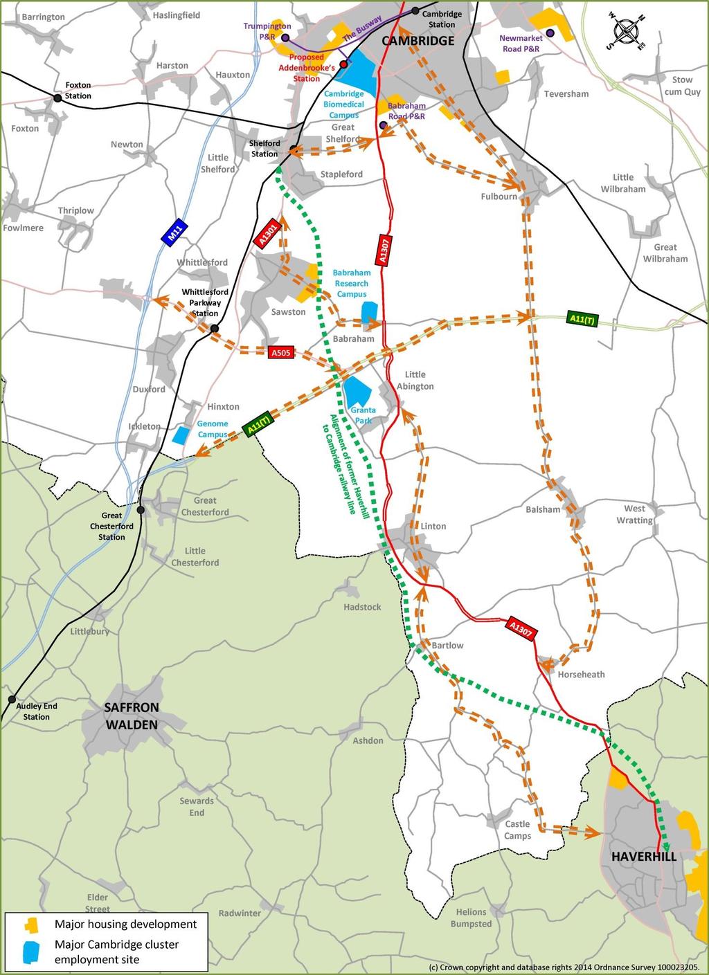 Figure 1 The Haverhill to Cambridge Corridor The A1307 is shown in red and various routes that interact with it for trips into Cambridge and to major employment sites on the corridor shown in orange.