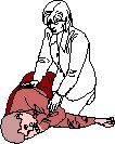 STEP 3: Protecting the head with one hand, gently roll the person toward you by pulling the far knee over and to the ground. STEP 4: Tilt the head up slightly so that the airway is open.