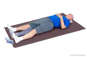 Hip abduction slide 7 of 7 1. Lie on your back with your legs straight and your feet hip-width apart. Keep your toes pointed up toward the ceiling. 2. Tighten the thigh muscles of your affected leg.