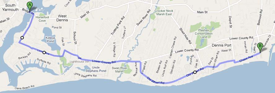 line. The route includes a short section from the Yarmouth town line (Bass River Bridge) to Uncle