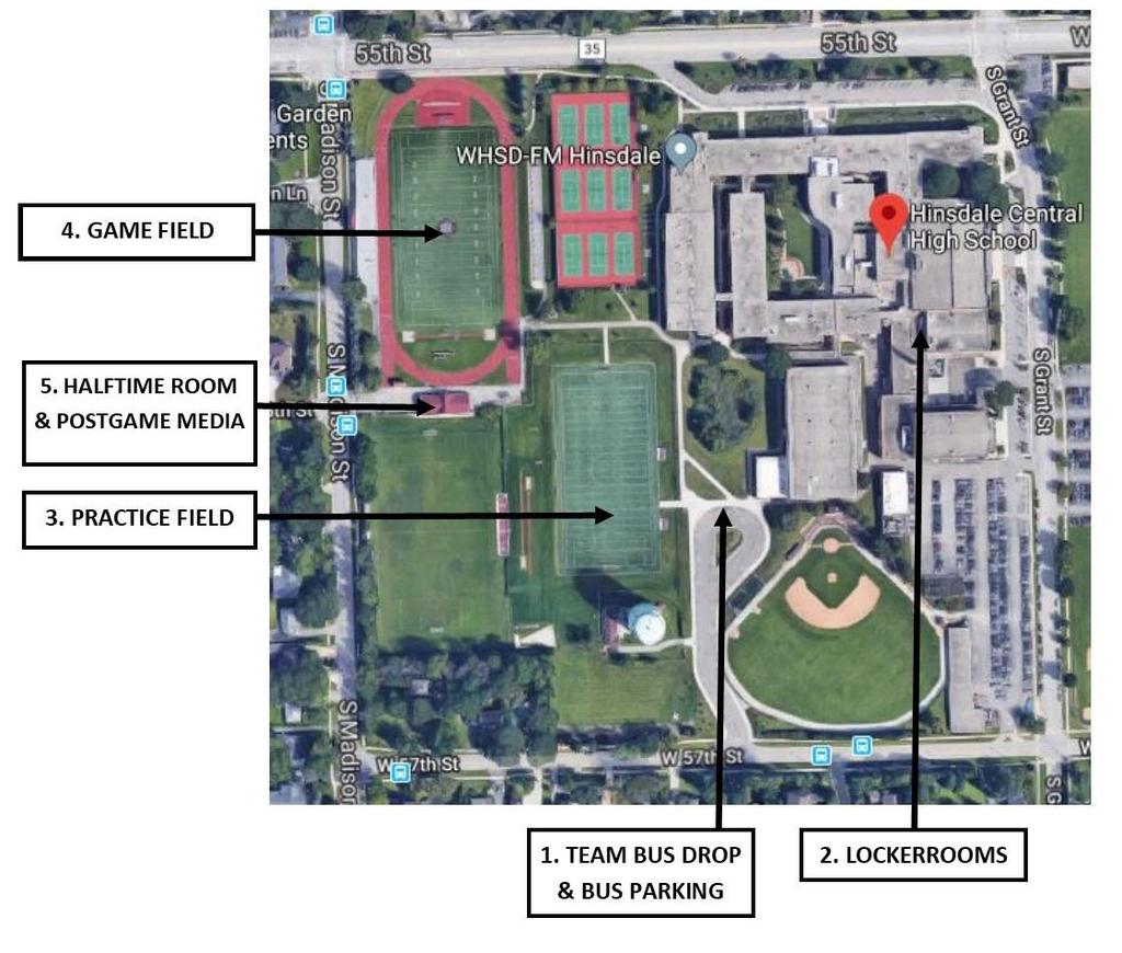 IMPORTANT TEAM AREAS OVERVIEW 1. Team Bus Drop off and bus parking in circle drive off 57 th Street. Team host will meet here with pass packets and guide team to lockerrooms. 2.
