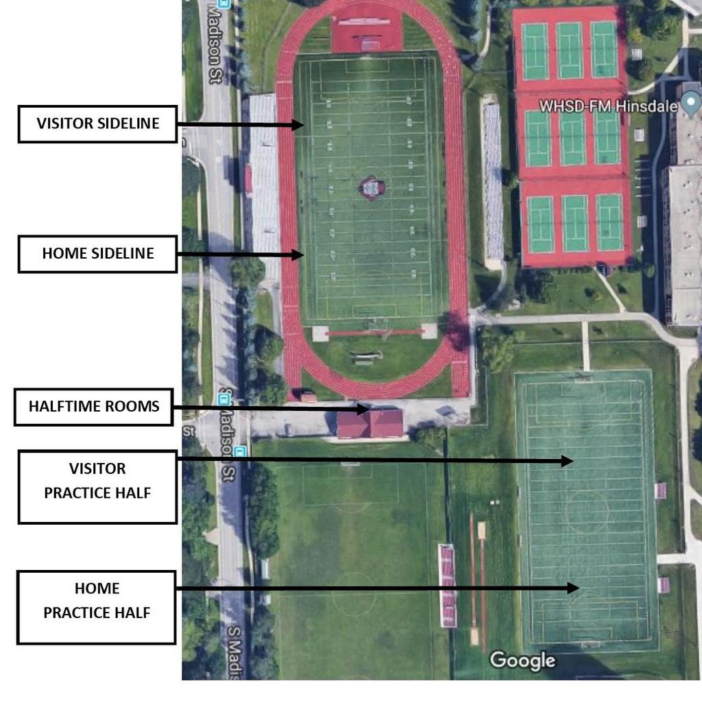 HOME/AWAY DESIGNATION -Team sidelines will be located on the west side of the Hinsdale Central High School. -The home team will occupy the sideline on the south, the visiting team on the north.