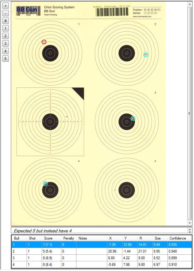 Working with unscored shots. Orion will highlight targets with too many or too few found shots. Select the target. Find the missing shot. May be on a different bull or target, may also be a miss.