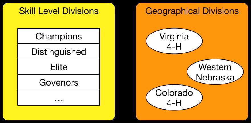 Divisions Skill level divisions: Teams grouped together based on historic performance regardless of geography. Top teams compete against each other in the Champions Division.