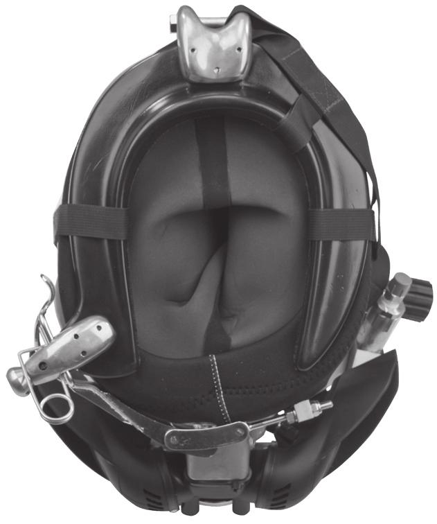 The helmet is lowered onto the diver s head with the help of a tender, then the yoke hinge tab is hooked onto the alignment screw on the rear