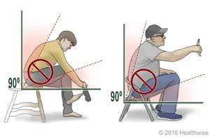 Hip Replacement (Posterior) Precautions: Don't bend your hip too far slide 2 of 3 1. Don't lean forward while you sit down or stand up, and don't bend past 90 degrees (like the angle in a letter "L").
