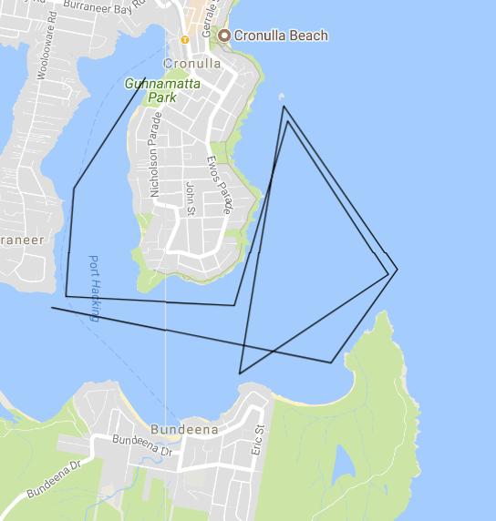 Alternate Course 1 The race starts at the south end of Gunnamatta Bay and travels east towards Jibbon Point. Ama turn and head north east in the direction of Boat Harbour,.