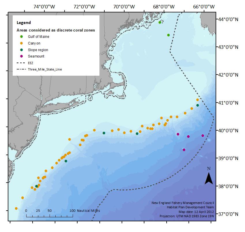 Discrete areas investigated as coral zones Total number of areas evaluated (shown on figure): 48 canyons 5 slope areas 4 seamounts 2 areas in the Gulf of Maine Total number
