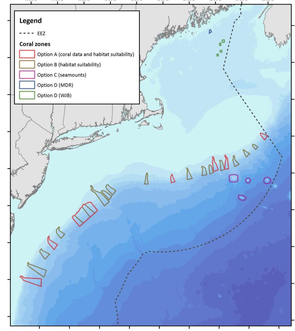Conclusion of evaluationsrecommended potential discrete coral zones Landward canyon zone boundaries based on 3 degree slope contour, seaward boundaries to encompass area of maximum slope (red