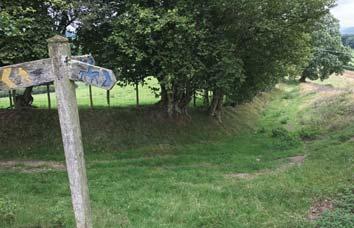 You ll see a wooden three-pointed sign once you get to the bottom of this field. Head right and follow the path down. Eventually you will reach a metal gate and wooden stile next to each other.
