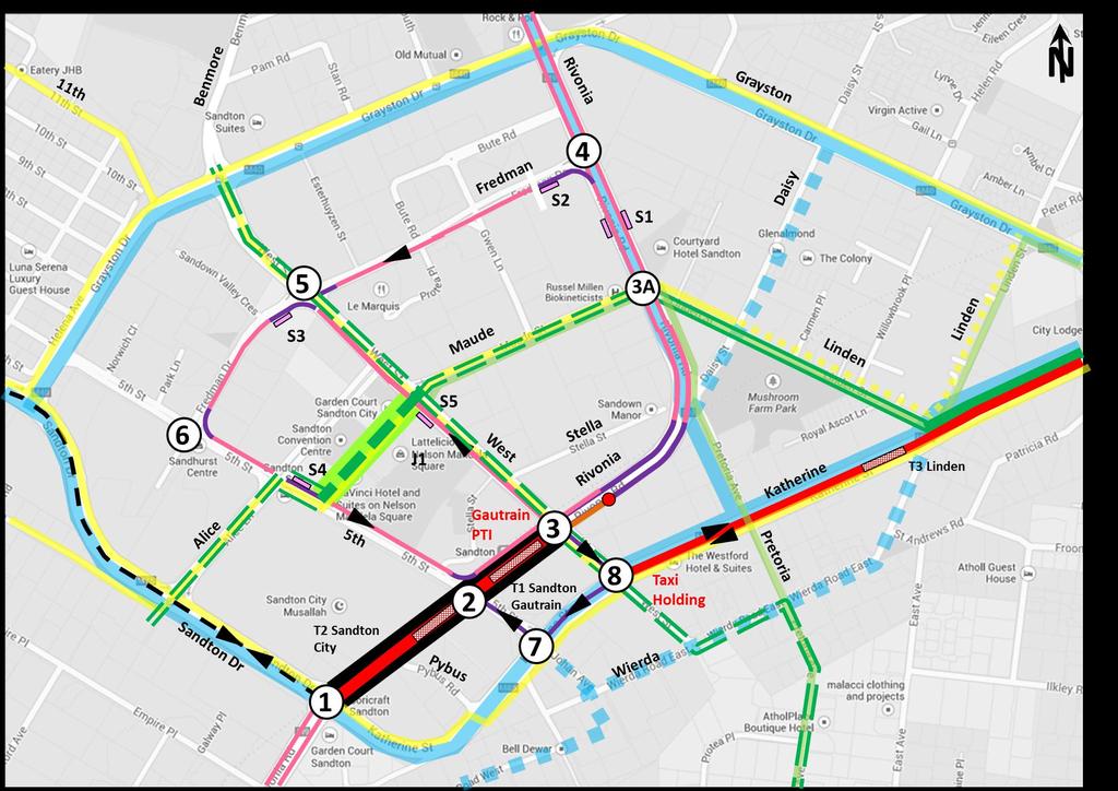 Sandton CDB transport plan CODE RED: Rea Vaya BRT in the median PINK and PURPLE: Public transport lanes for