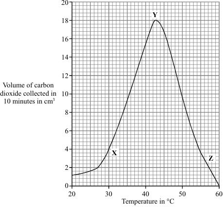 cm 3 Fermentation of sugar by yeast produces carbon dioxide. The graph shows the effect of temperature on the production of carbon dioxide by fermentation.