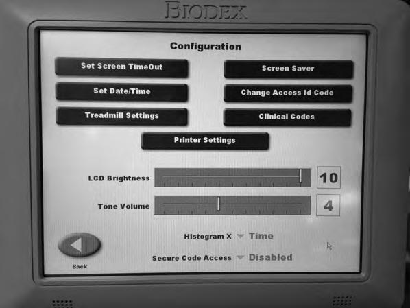 Touch the <Treadmill Settings> button on the Configuration screen. Figure 2.3 The Configuration screen. On the Treadmill Settings screen, users will see the <Speed Limit> functionality.