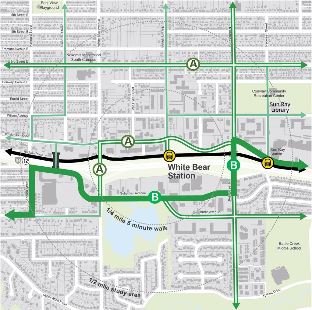 Phase 3 Draft Circulation Plan Based on stakeholder feedback and technical issues, the refined circulation plan for the White Bear BRT station area includes the following: Within 1/4 mile of the