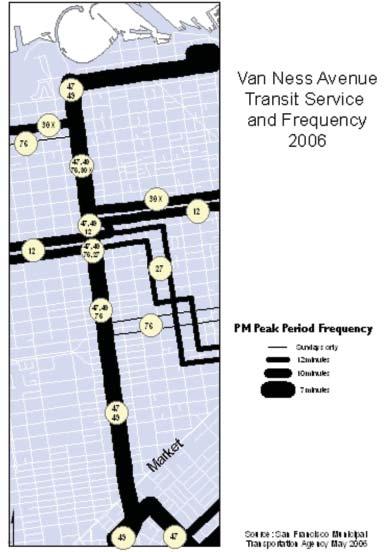 5 Transit Supply This section describes the transit services currently provided on Van Ness Avenue: the routes, frequencies, and stop locations. 5.