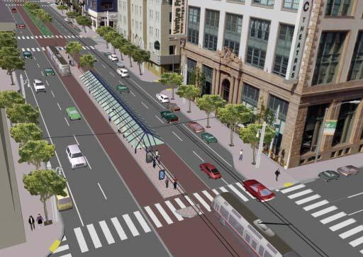 passengers. The 14-foot wide platform would extend in the center of Van Ness from Geary to O Farrell. Figure 3-20 illustrates a BRT station at this location.